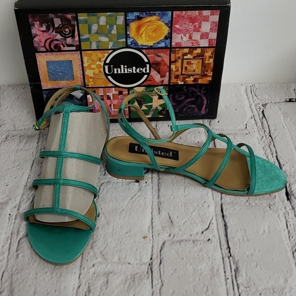 UNLISTED Sandals Open Wide 30248 Emerald Satin Strappy 1" heel NIB Deadstock